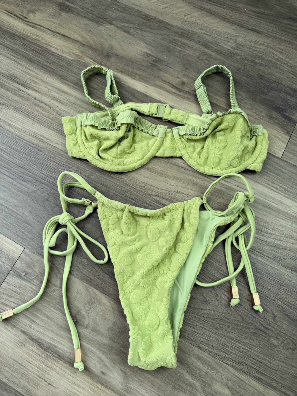 Blackbough Light Green Floral Textured Tie-Side Bikini